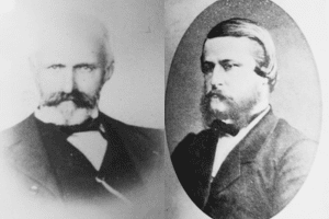 Portraits en noir et blanc d'Alfred et Paul Bordet, fondateurs de l'entreprise familiale